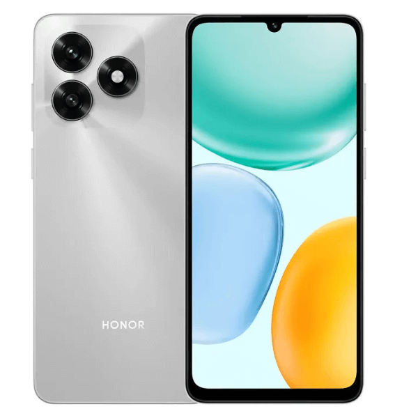 Teléfono Honor X5C Plus 4GB 256GB en color Meteor Silver, con pantalla y cámaras traseras.