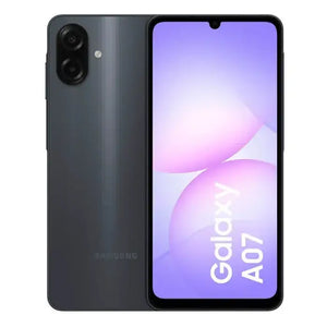 Teléfono Samsung Galaxy A07 4GB 128GB negro con pantalla Infinity-V y diseño moderno.
