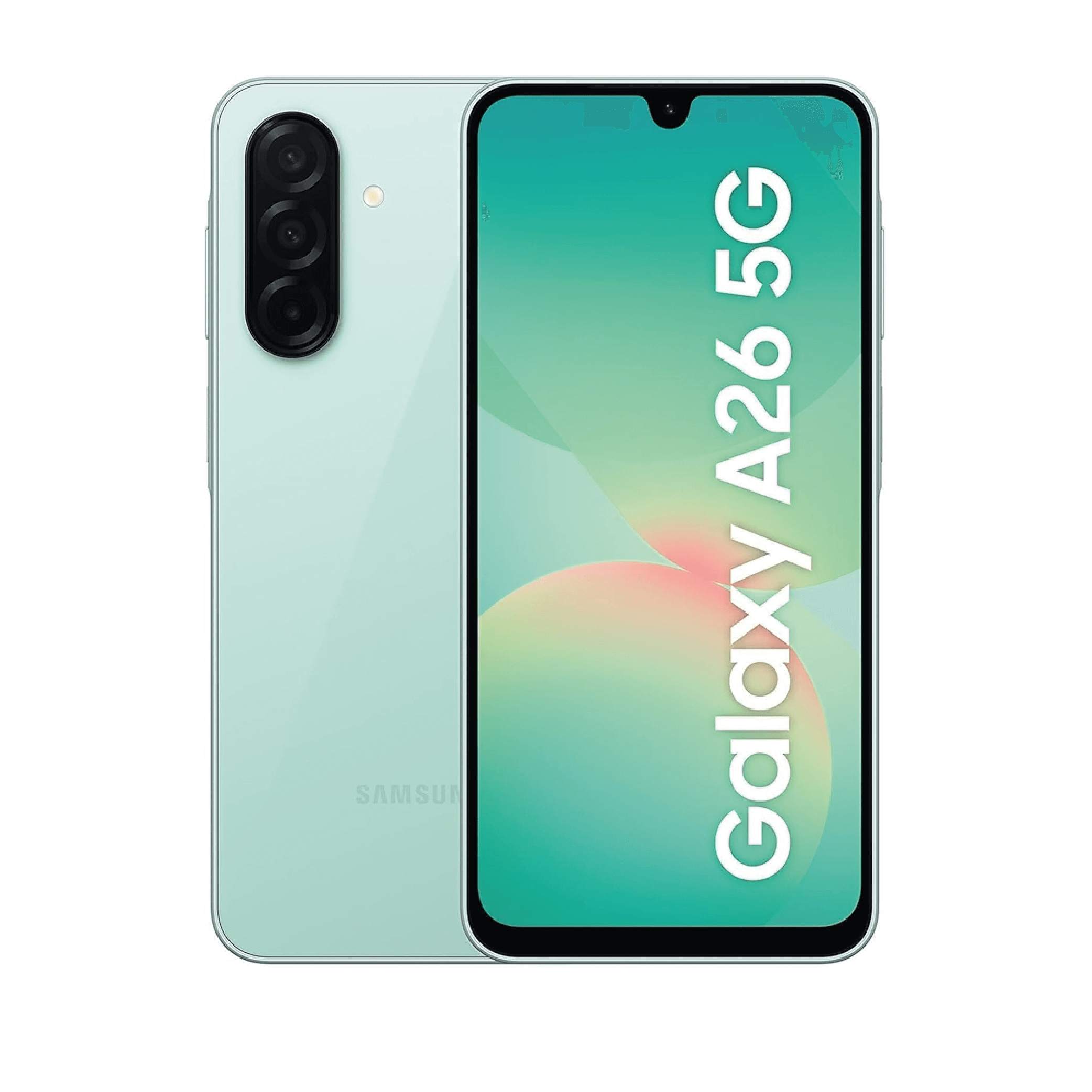 Teléfono Samsung A26 5G 8GB 256GB en color verde, mostrando pantalla con diseño moderno y conectividad 5G.