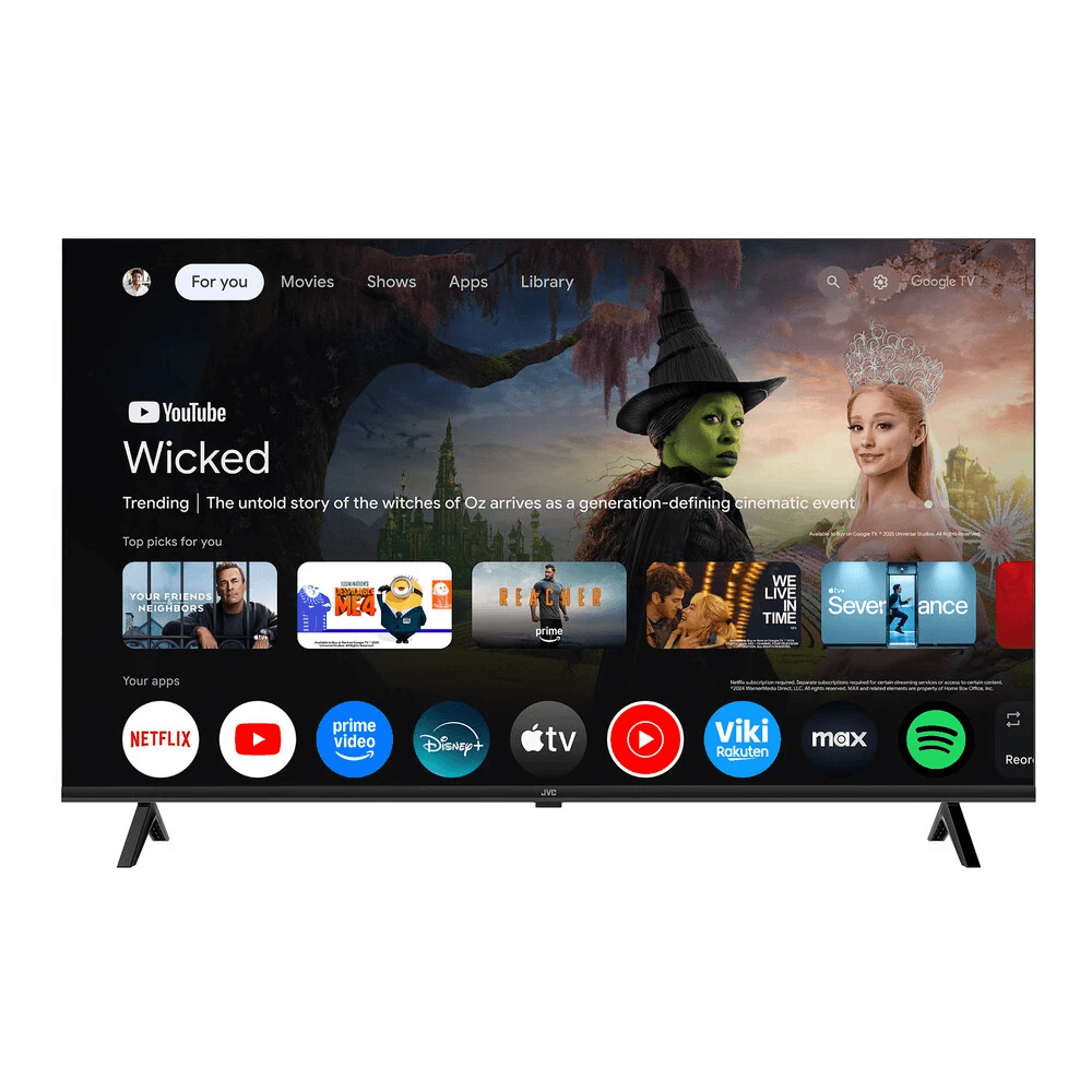 TELEVISOR JVC FHD 43" GOOGLE TV con interfaz de usuario y aplicaciones populares.