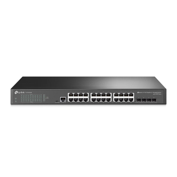 Front view of SWITCH TP LINK 24 PUERTOS JETSTREAM SMART TL-SG3428 network switch with 24 Ethernet ports and SFP slots