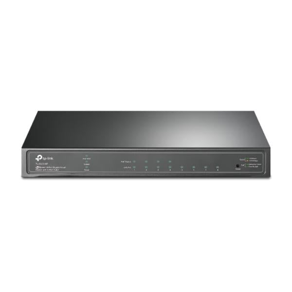 SWITCH TP LINK SG2008P(UN) OMADA 4 PUERTOS PoE+ Y 4 PUERTOS GIGABIT 10/100 MBPS NO ADMINISTRABLE frontal view del switch con LEDs