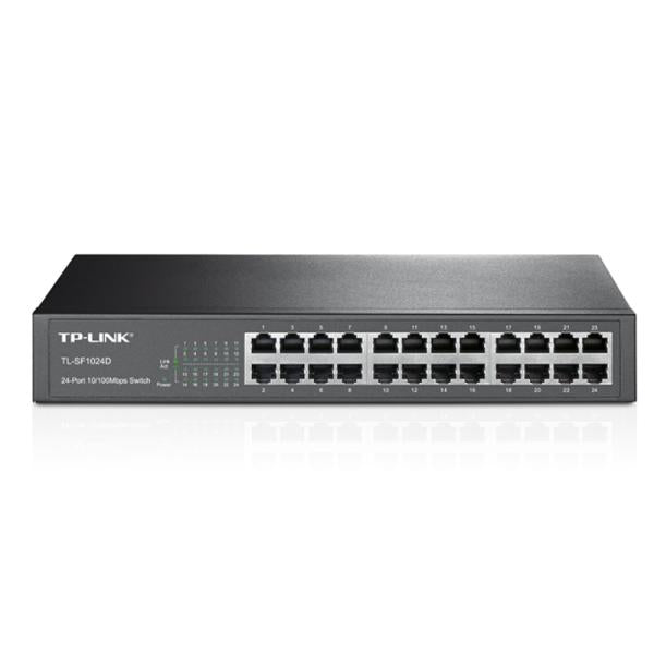 SWITCH TP LINK 24 PUERTOS 10/100 TL-SF1024D DESKTOP/RACKMOUNT frontal view of 24-port Ethernet switch with LED indicators