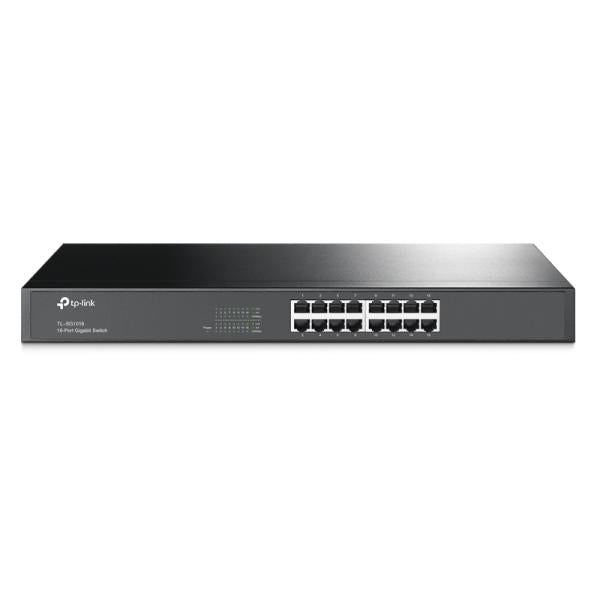 SWITCH TP LINK 16 PUERTOS 110/220V 19" TL-SG1016 front view of rackmount gigabit switch with 16 ports