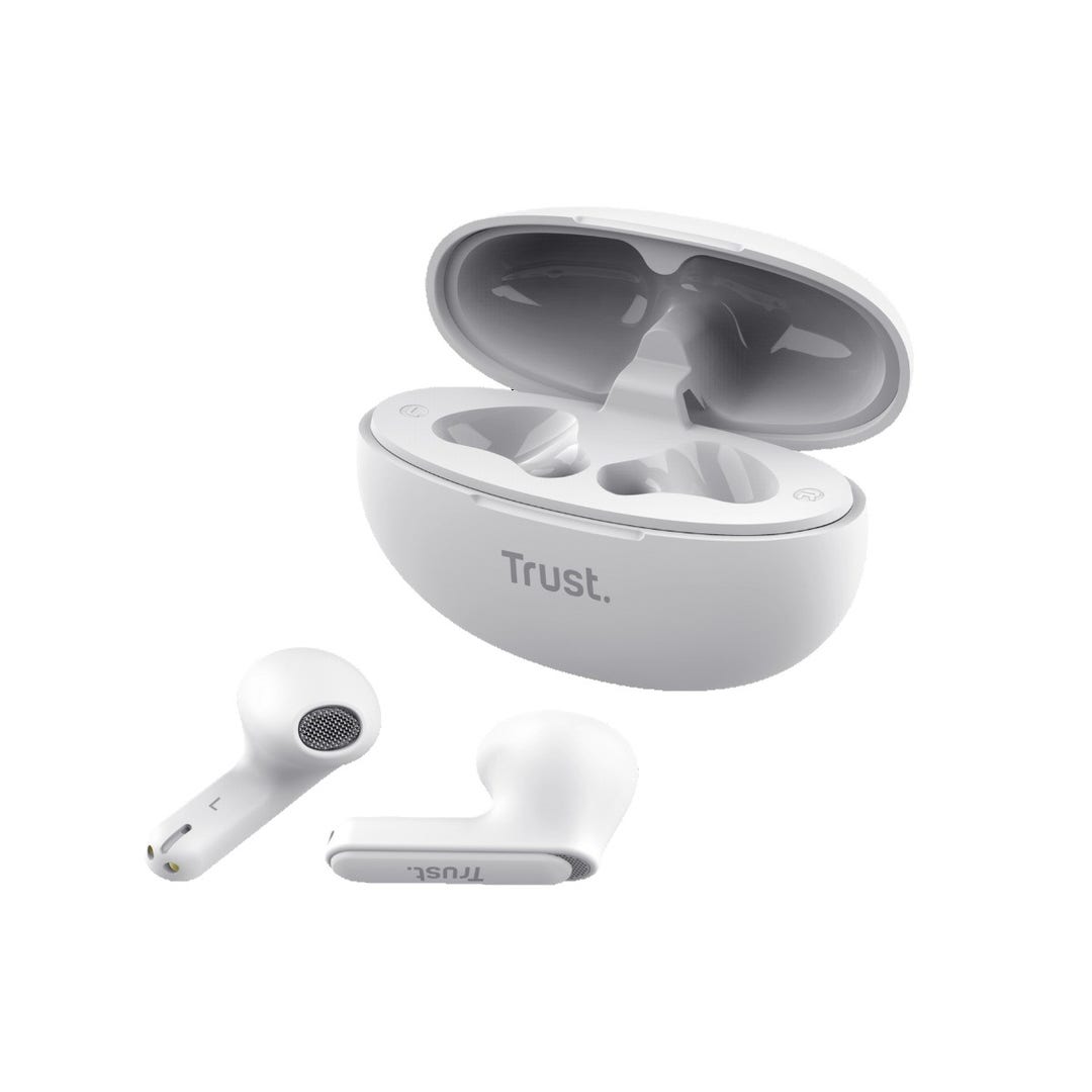Audífonos bluetooth Trust intraaurales blancos con cancelación de ruido, cómodos y efectivos para una experiencia auditiva superior.