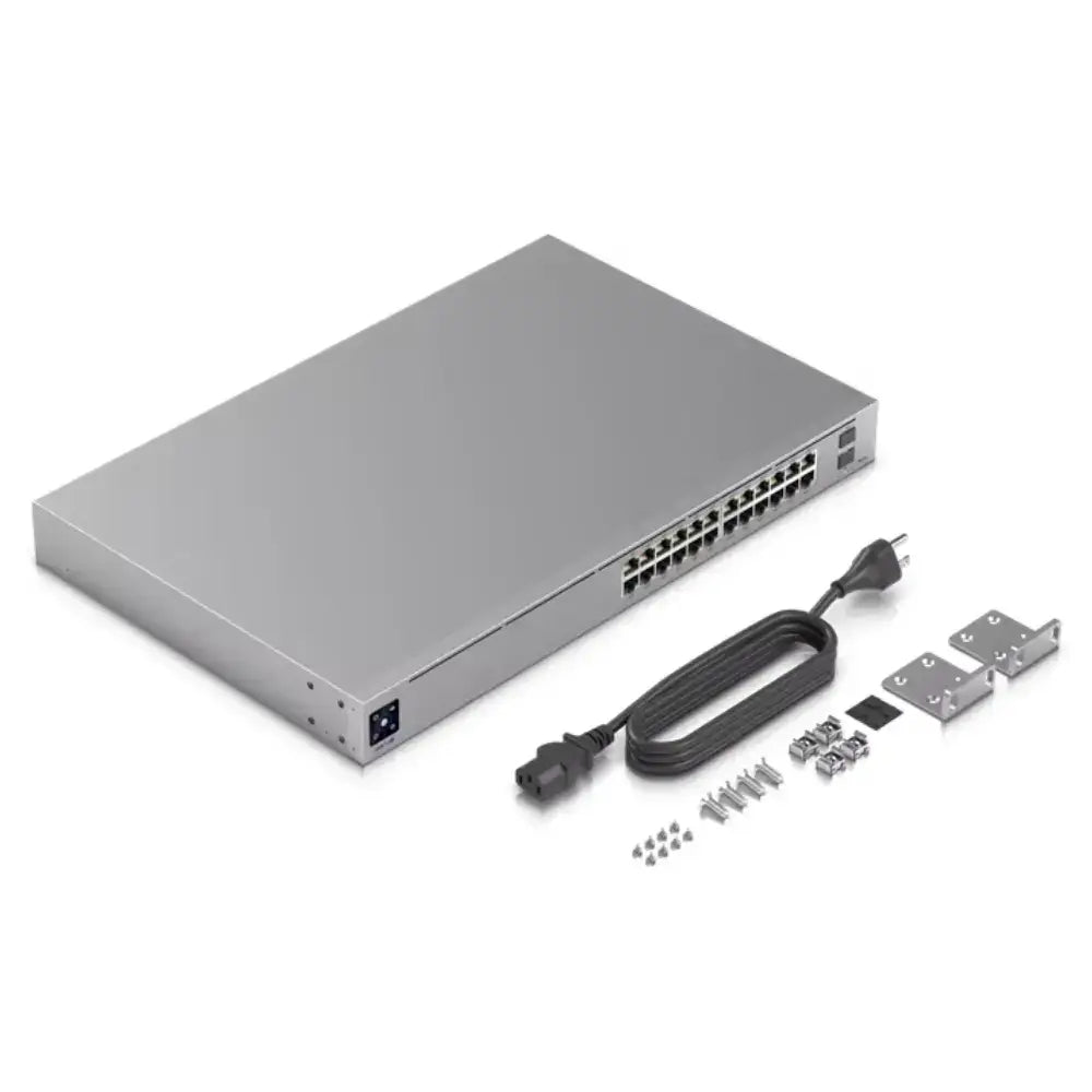 switch PoE Ubiquiti Unifi Pro 24 puertos con accesorios incluidos y diseño moderno para redes empresariales.