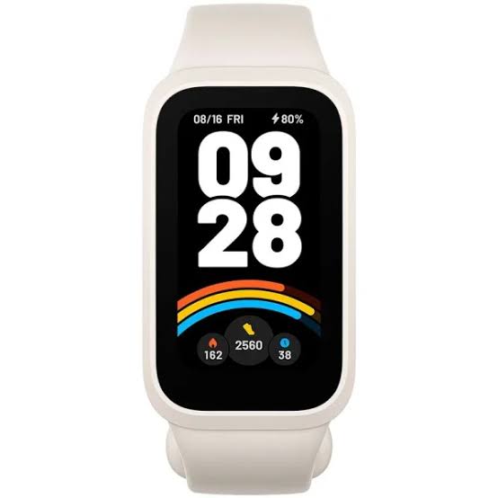 Banda Smart Xiaomi Smart Band 9 Active 59882 Beige White with 1.47" TFT display, 5 ATM water resistance, and Mi Fitness app compatibility.