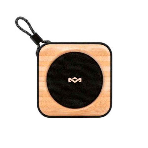 Parlante Bluetooth portátil negro compacto con diseño moderno y batería recargable, ideal para entretenimiento en interiores y exteriores.