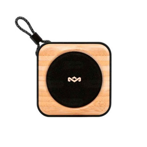 Parlante Bluetooth portátil negro compacto con diseño moderno y batería recargable, ideal para entretenimiento en interiores y exteriores.