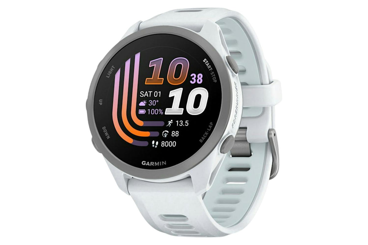 Reloj inteligente GARMIN Forerunner 170 Music, GPS, WiFi, Whitestone/Cloud Blue con pantalla AMOLED de 1.2 pulgadas.