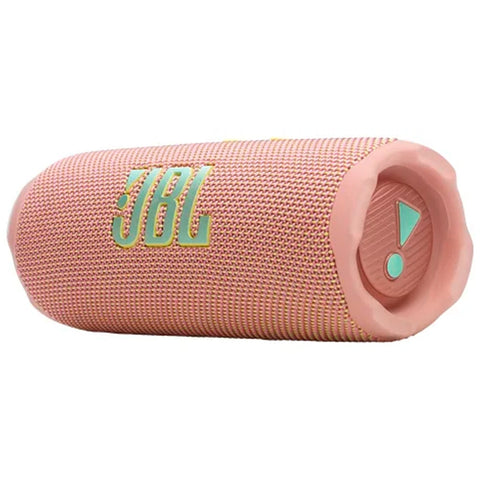 Parlante JBL Flip 7 rosado, diseño compacto portátil, ideal para exteriores, resistente al agua. Vista lateral. Audio de alta calidad.