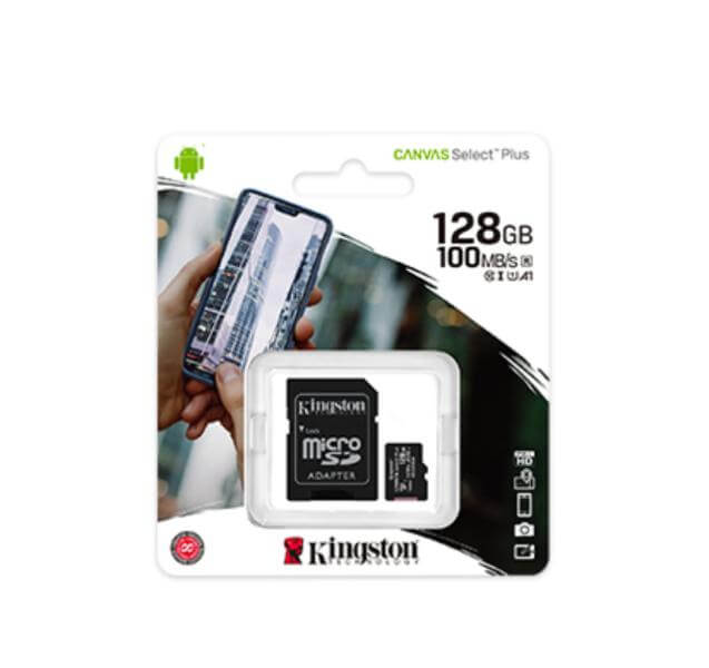Micro SD Kingston 128GB Canvas Select Plus Class 10 UHS-I, tarjeta de memoria con adaptador, rendimiento rápido.