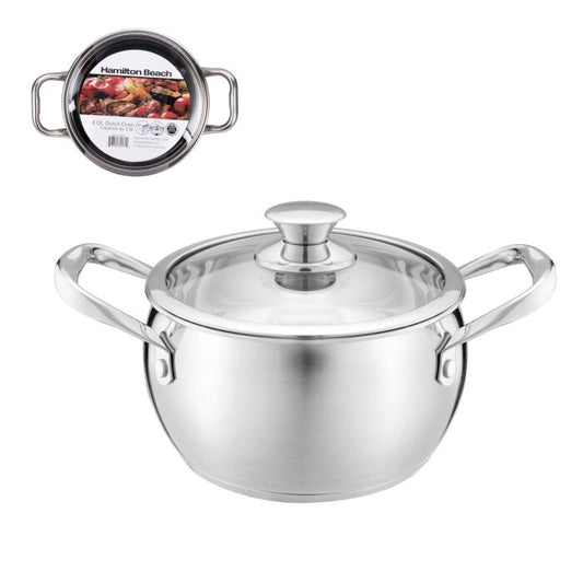 Hamilton Beach Dutch Oven Acero Inox 3.8L | 4Qt C/Tapa Vidrio Induccion Profesional Hbq106