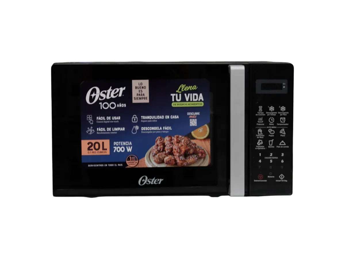 Microondas digital Oster 20L negro con panel digital y funciones de cocina rápida. Modelo de 700W ideal para el hogar.