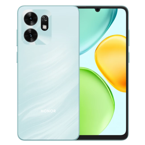 Celular Honor X6D 5G 4GB+256GB Ocean Cyan, smartphone con pantalla frontal y diseño posterior en color cian brillante.