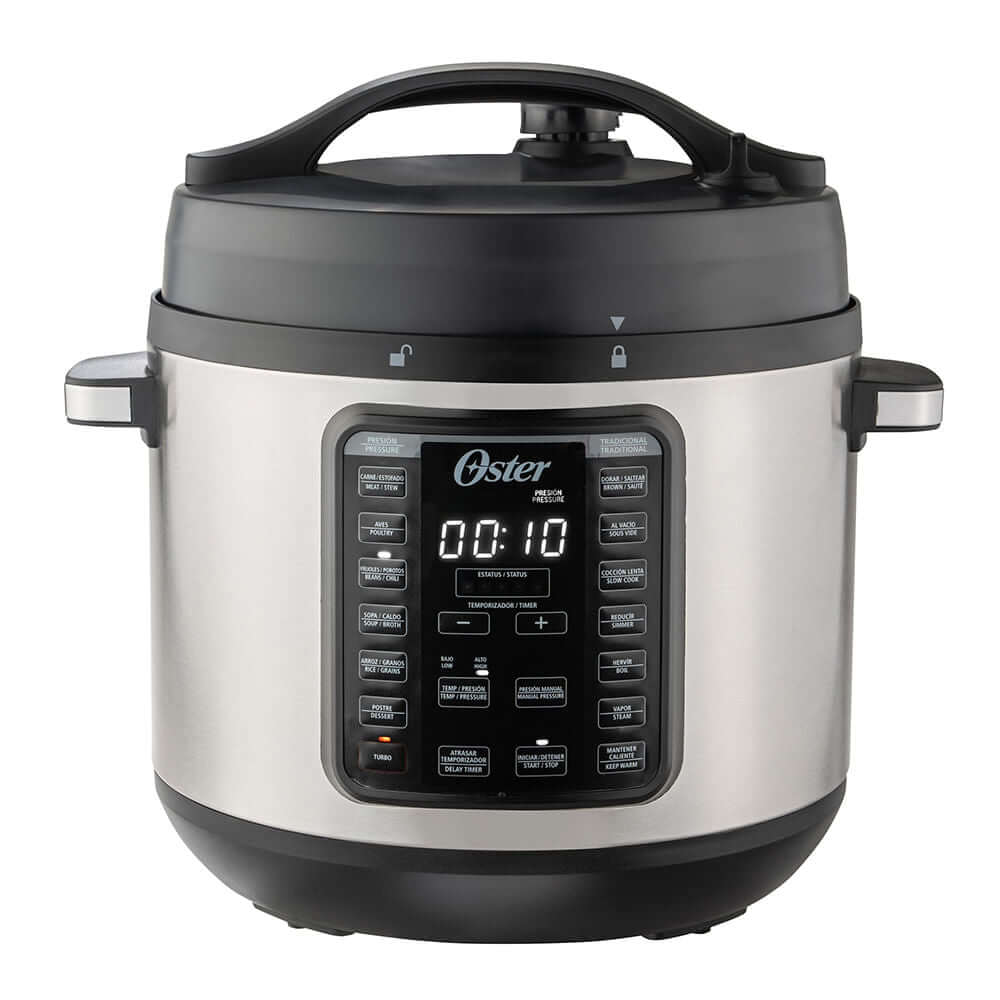 Olla de presión OSTER 7.5L con pantalla digital y botones, ideal para preparar comidas para familias.