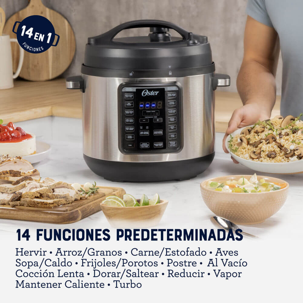 Olla de presión OSTER 7.5L con 14 funciones predeterminadas para cocinar fácilmente comidas variadas.