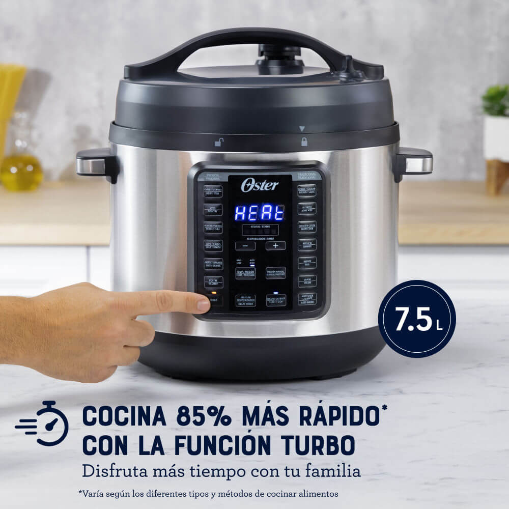 olla de presión OSTER 7.5L con función turbo para cocinar más rápido y disfrutar en familia.
