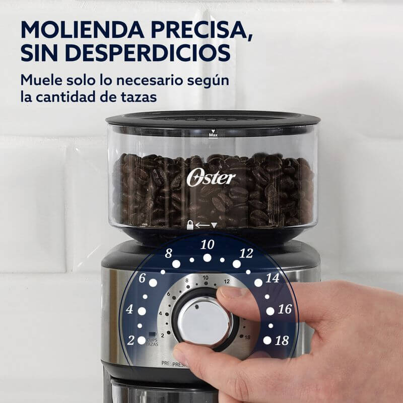 Ajuste del Molino de café automatico hasta 18 tazas OSTER con selector de capacidad y sistema de molienda precisa sin desperdicios.