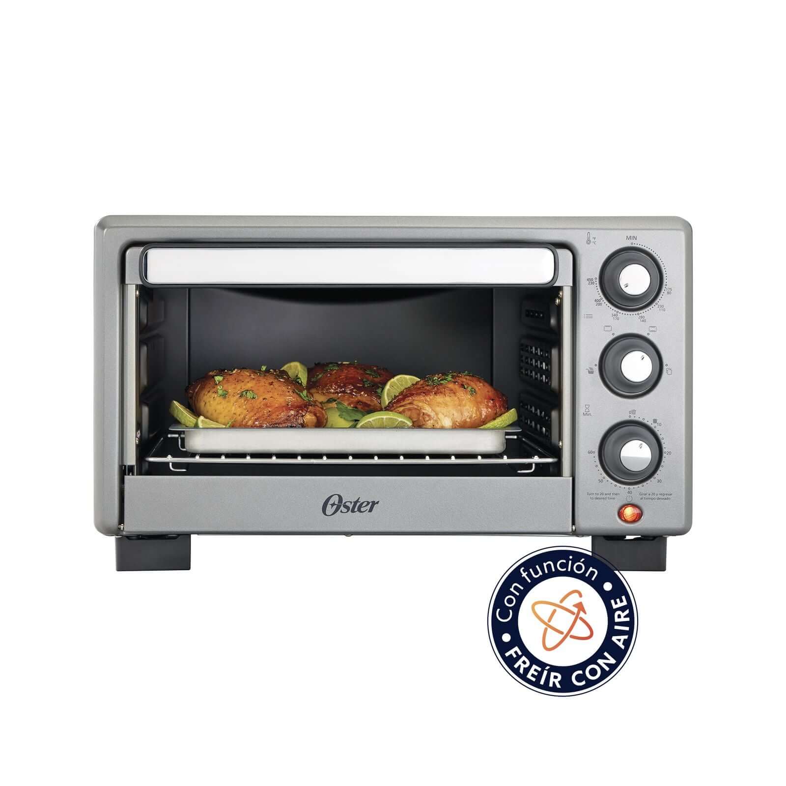 Horno aire OSTER 17L cocinando alimentos saludables con tecnología de circulación de aire caliente.