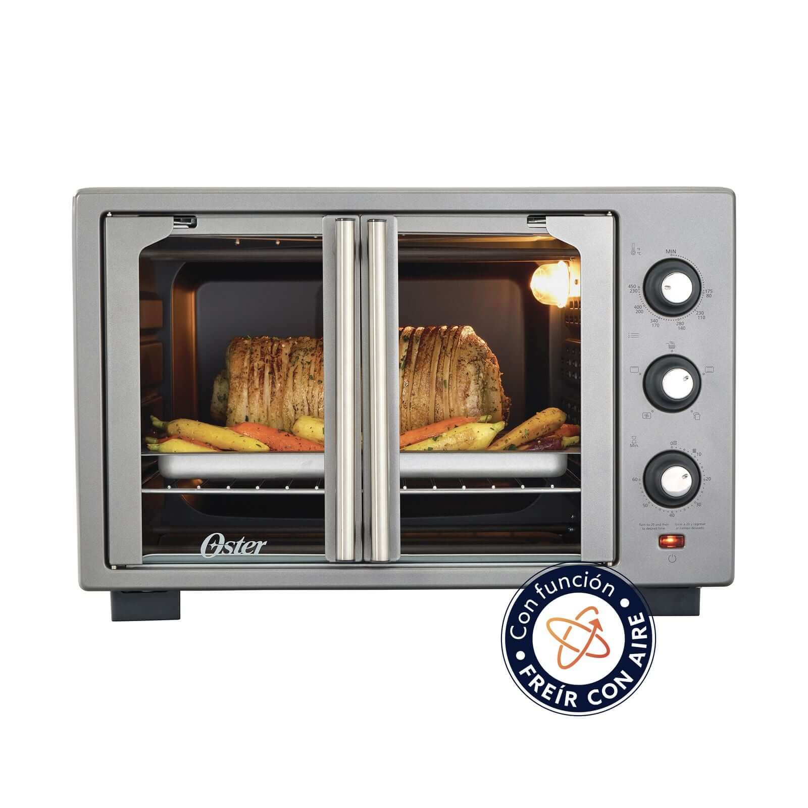 Horno de convección OSTER 35L con función de freír con aire, ideal para cocinar alimentos saludables.