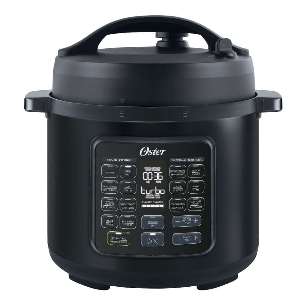 Oster multiolla negra, herramienta de cocina versátil con múltiples funciones en diseño elegante.