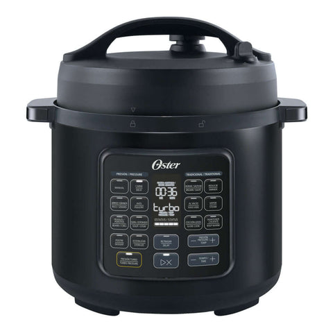 Oster multiolla negra, herramienta de cocina versátil con múltiples funciones en diseño elegante.