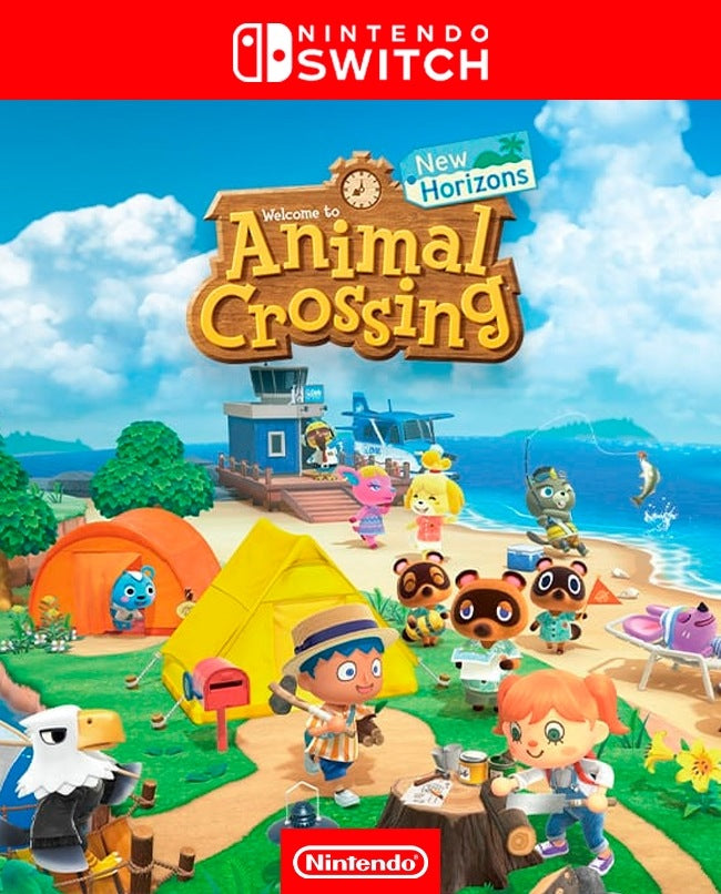 Portada del juego JUEGO ANIMAL CROSSING NEW HORIZONS para Nintendo Switch, mostrando una isla desierta con personajes animales.