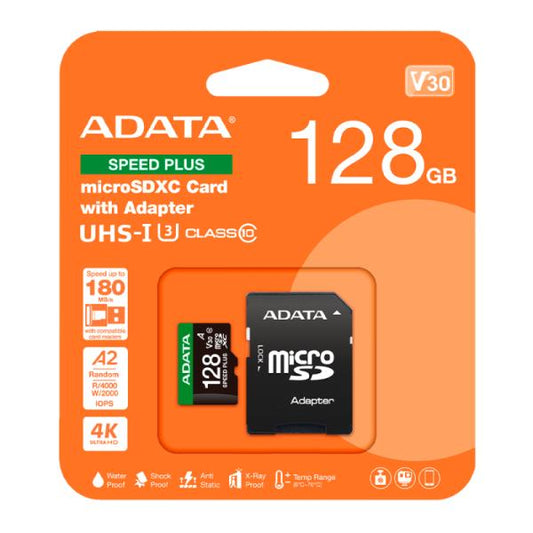 MEMORIA MICRO SDXC 128GB ADATA SPEED PLUS 180/160 MB/S CON ADAPTADOR COMPATIBLE CON DRONES NINTENDO 4K UD128GUI3V30A2SP-RA1