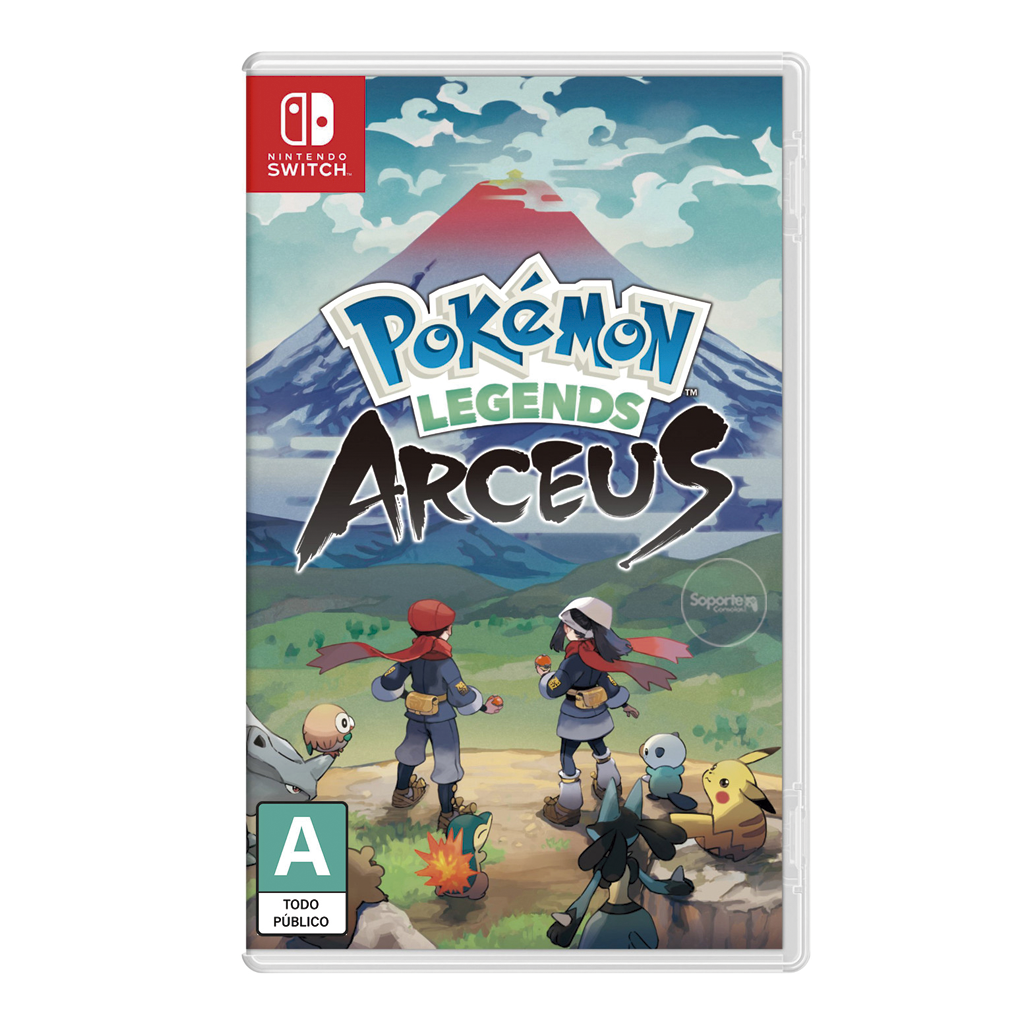 JUEGO POKÉMON LEGENDS ARCEUS Nintendo Switch game cover featuring characters and Pokémon in a scenic landscape.
