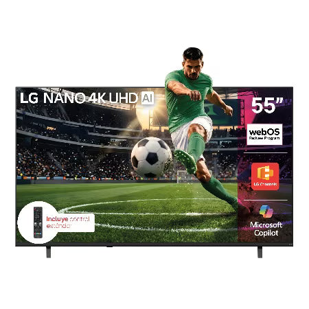 LG Televisor 55" Smart - 55NU850BPSA showing sports game on 4K Ultra HD screen with AI, webOS, and HDR features.