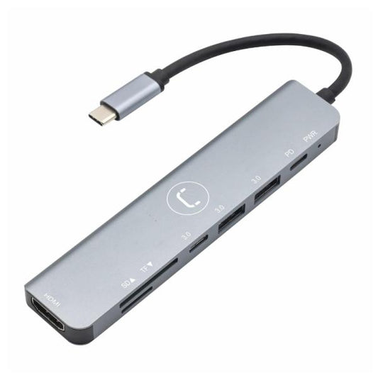 HUB UNNO TEKNO HB1107SV 7 EN 1 USB-C  2 PUERTOS USB-A 1 PUERTO USB-C 1 PUERTO PD 1 PUERTO HDMI 1 RANURA SD Y 1 RANURA MICRO SD
