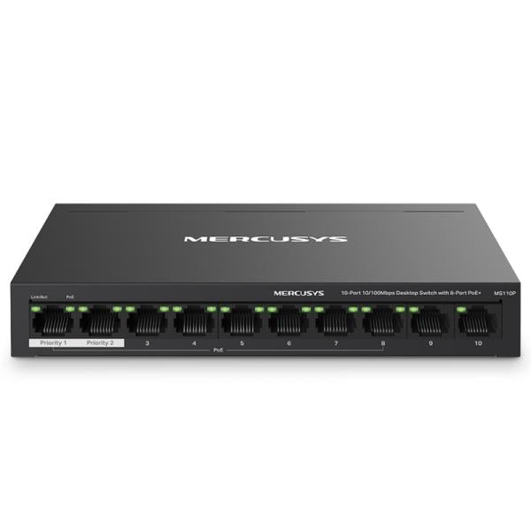 SWITCH MERCUSYS MS110P(UN) 10 PUERTOS RJ45 CON 8 PUERTOS POE+10/100 MBPS