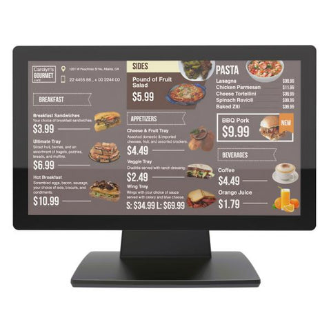 Monitor táctil punto de venta 15.6 pulgadas con pantalla mostrando menú de restaurante y precios, ideal para entornos comerciales.