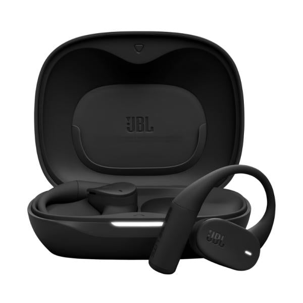 AUDIFONO JBL SENSE LITE INALAMBRICO BLUETOOTH 5.4 IP54 JBLSENSELITEBLKAM NEGRO en estuche de carga abierto