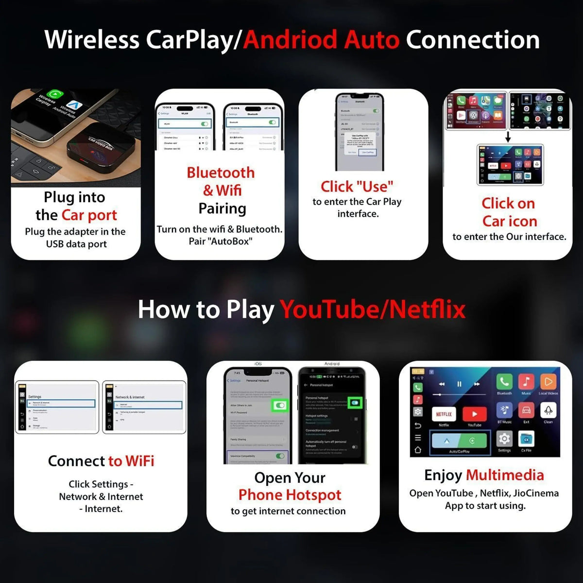 Conexión inalámbrica CarPlay/Android Auto y cómo reproducir YouTube/Netflix en el car video box inalámbrico.