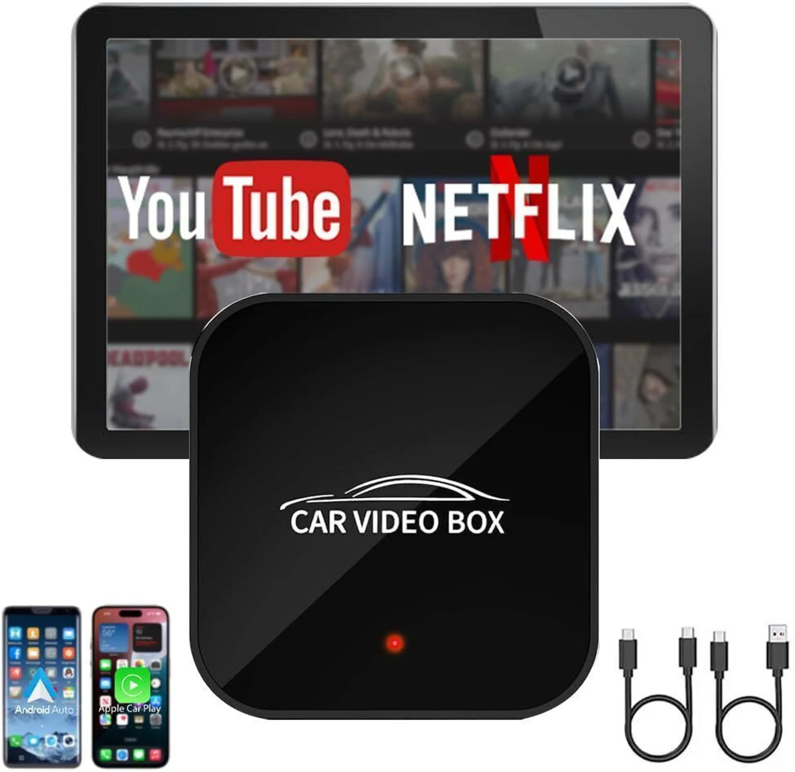 Car Video Box inalámbrico mostrando compatibilidad con YouTube y Netflix en una pantalla, junto a adaptadores.