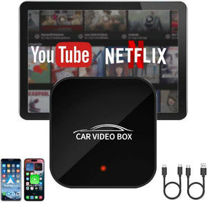Car Video Box inalámbrico mostrando compatibilidad con YouTube y Netflix en una pantalla, junto a adaptadores.
