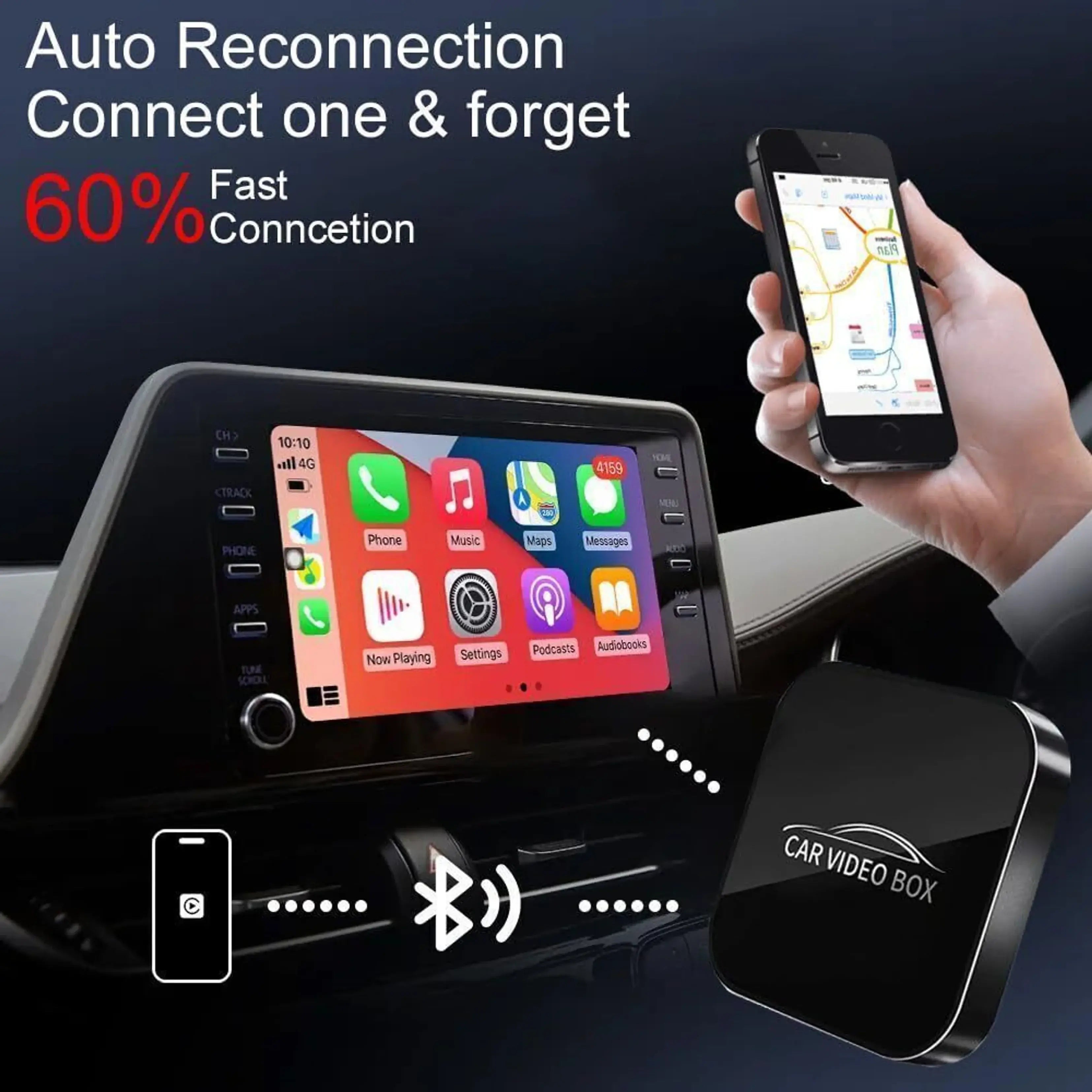 Imagen del car video box inalámbrico con conexión rápida y pantalla de automóvil que muestra aplicaciones.