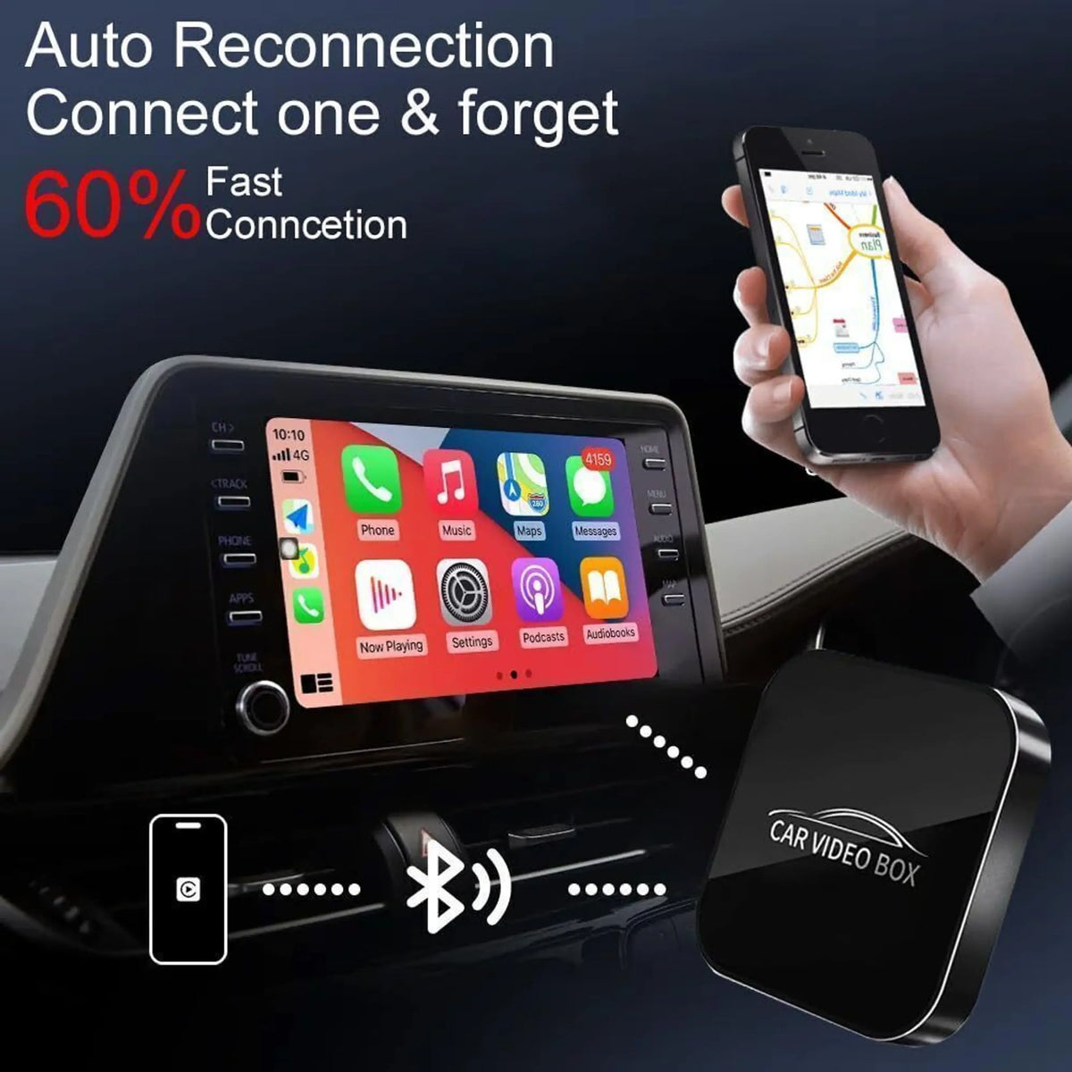 Imagen del car video box inalámbrico con conexión rápida y pantalla de automóvil que muestra aplicaciones.