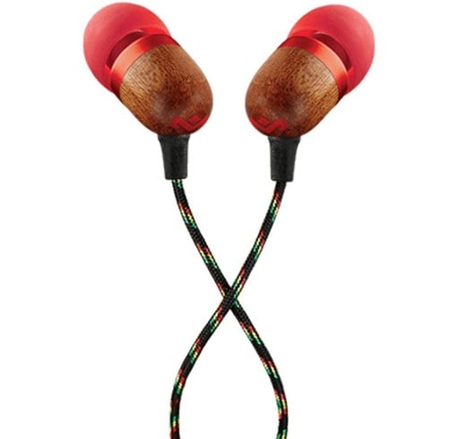 audífonos alámbricos Smile Jamaica rojo in-ear con cable trenzado y micrófono integrado, diseño ergonómico y moderno.