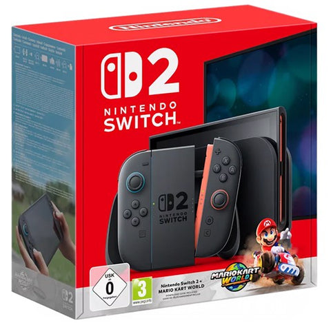 Nintendo Switch 2 Mario Kart World console box with Joy-Con 2 controllers, featuring 7.9-inch Full HD display and 256GB storage.