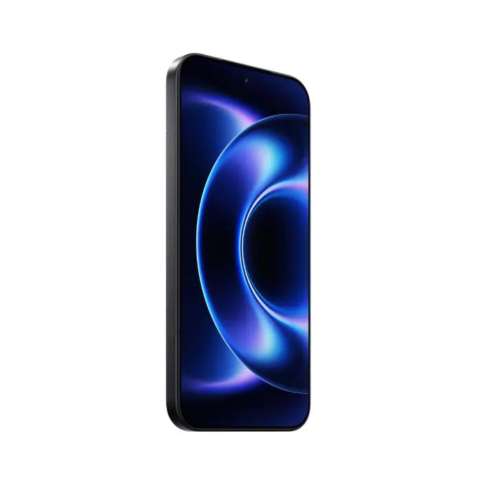 CELULAR XIAOMI 17 ULTRA NEGRO (16GB_512GB) de perfil con pantalla encendida mostrando gráficos futuristas.