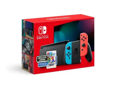 Consola Nintendo Switch 1 V2 + Super Mario Wonder Bundle HRD-S-KAB1C en caja roja con controles Joy-Con y juego incluido.