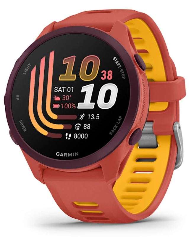 Reloj inteligente GARMIN Forerunner 170 Music, GPS, WiFi, Red Pink/Mango con pantalla AMOLED y funciones de entrenamiento avanzadas.