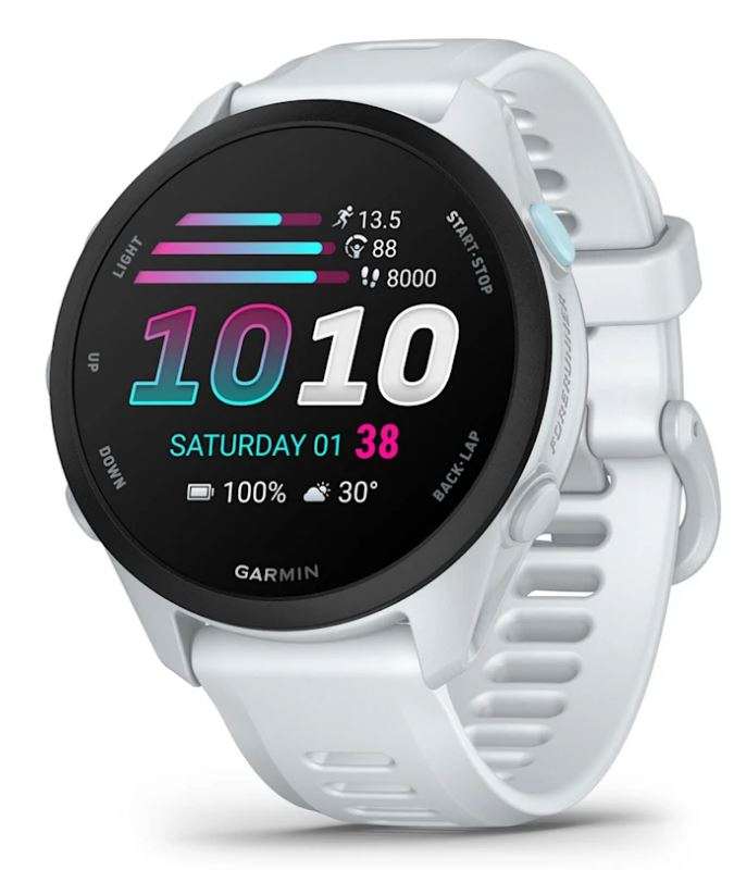 Reloj inteligente GARMIN Forerunner 70, GPS, Whitestone con pantalla AMOLED y funciones avanzadas para corredores activos.