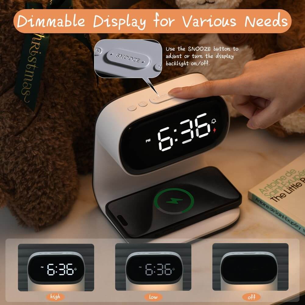 Reloj despertador con carga inalámbrica y pantalla ajustable para diferentes necesidades.