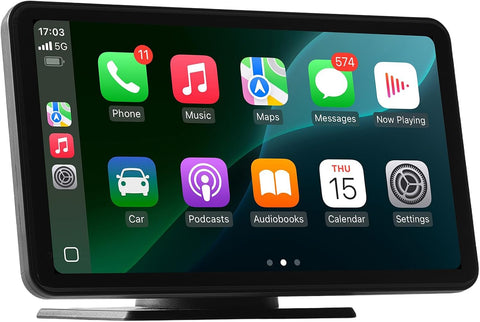 Pantalla para carro de 7" con CarPlay y Android Auto y cámara trasera mostrando aplicaciones en pantalla
