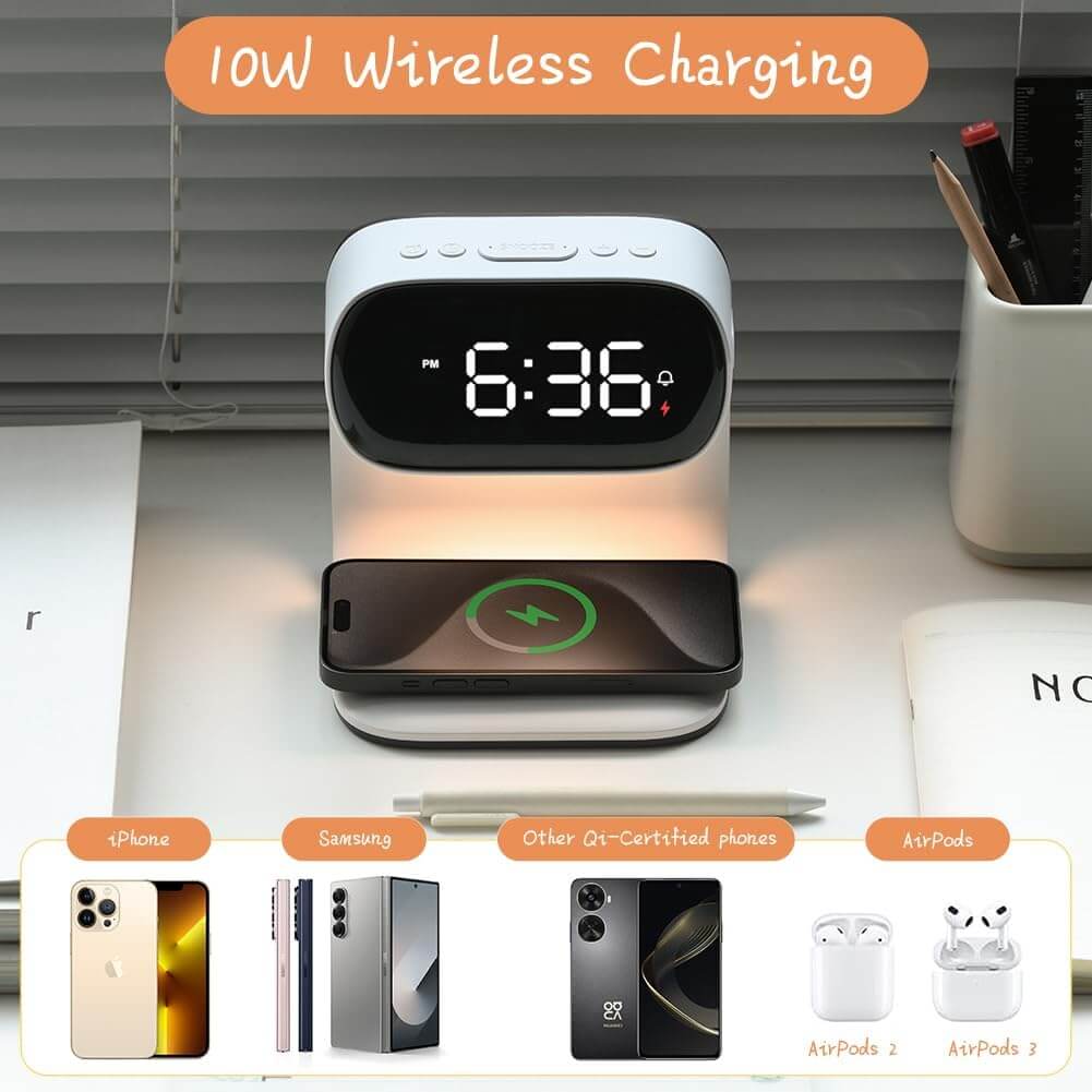 Reloj despertador con carga inalámbrica y luz de 3 niveles, carga rápida de 10W, ideal para tu mesa de noche.