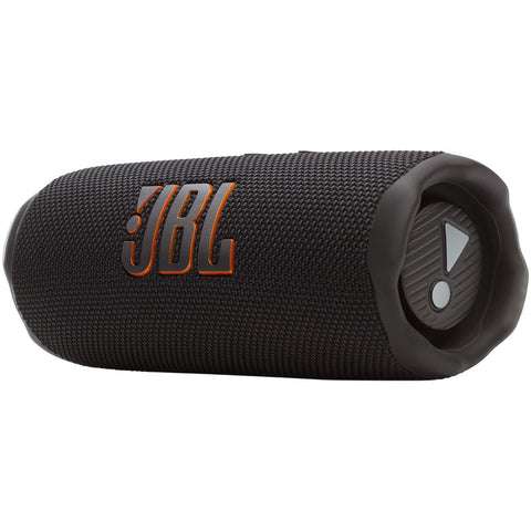 Parlante JBL Flip 7 negro con diseño moderno y portátil, ideal para audio de alta calidad en exteriores.